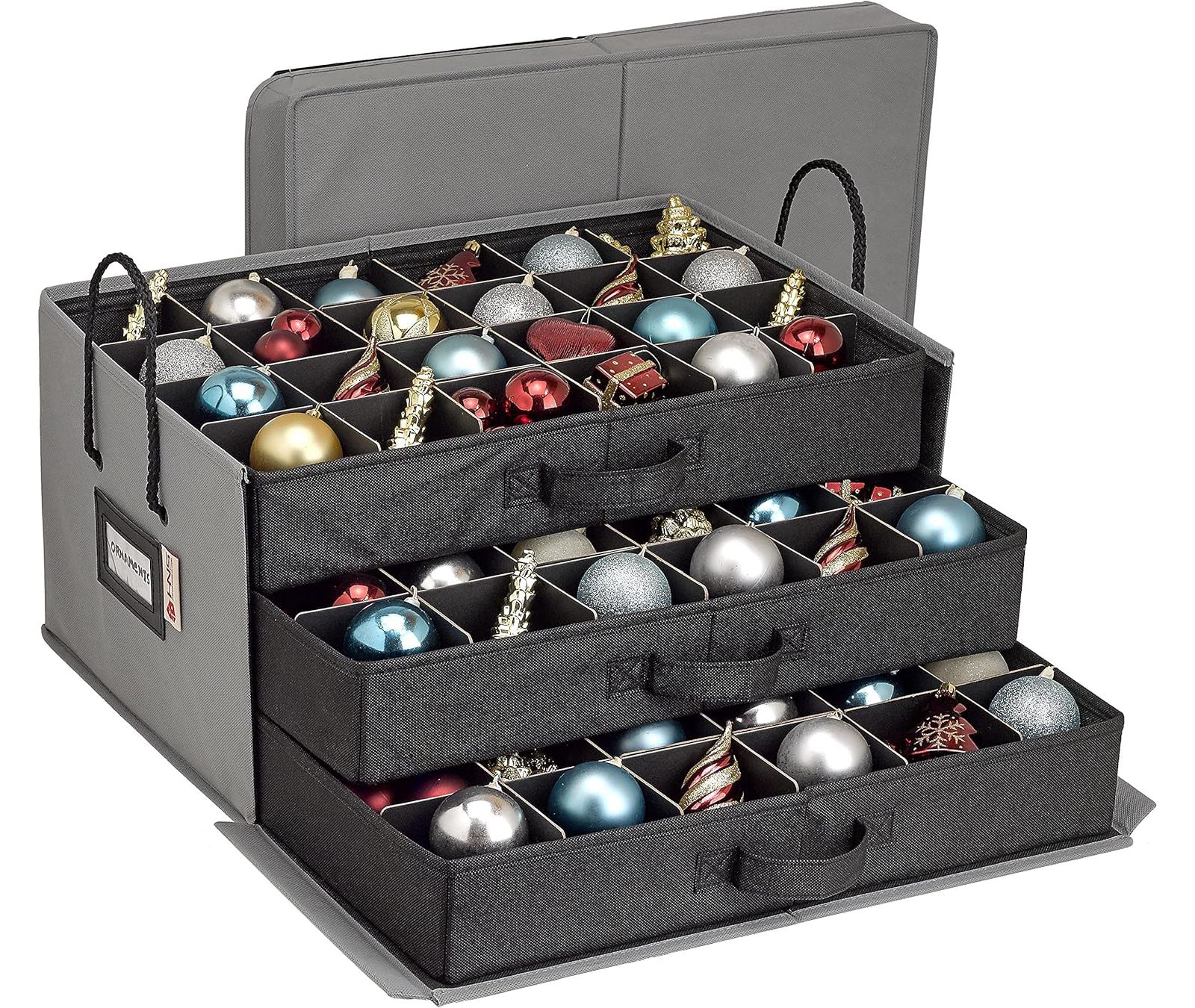 Florida Brands 3 Removable Trays Christmas Ornament Storage Box with Dividers