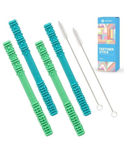 Sperric Baby Hollow Teething Tubes - Soft Silicone Teether Sticks for Infant | BPA Free Teething Straws with Cleaning Brushes (Blue)