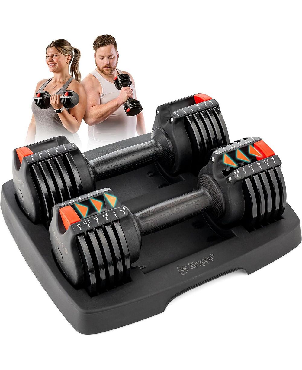 Lifepro Adjustable Dumbbells Set 15lb Pair – Quick-Change Adjustable Weights with Anti-Slip Handle, Space Saving Gym Weights for Home Gym