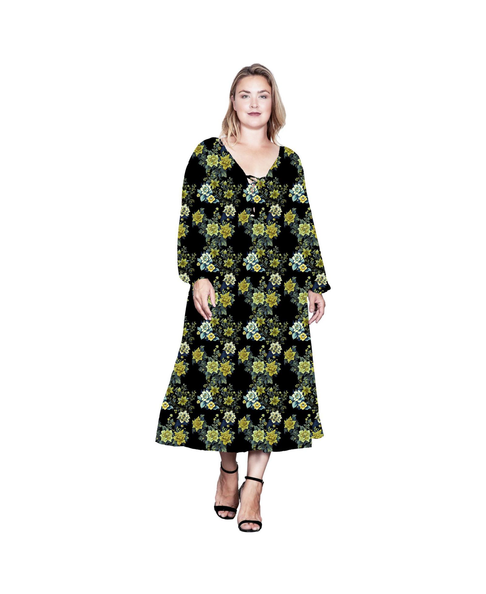 Standards & Practices Plus Size Floral-Print Sheer Sleeve Midi Dress