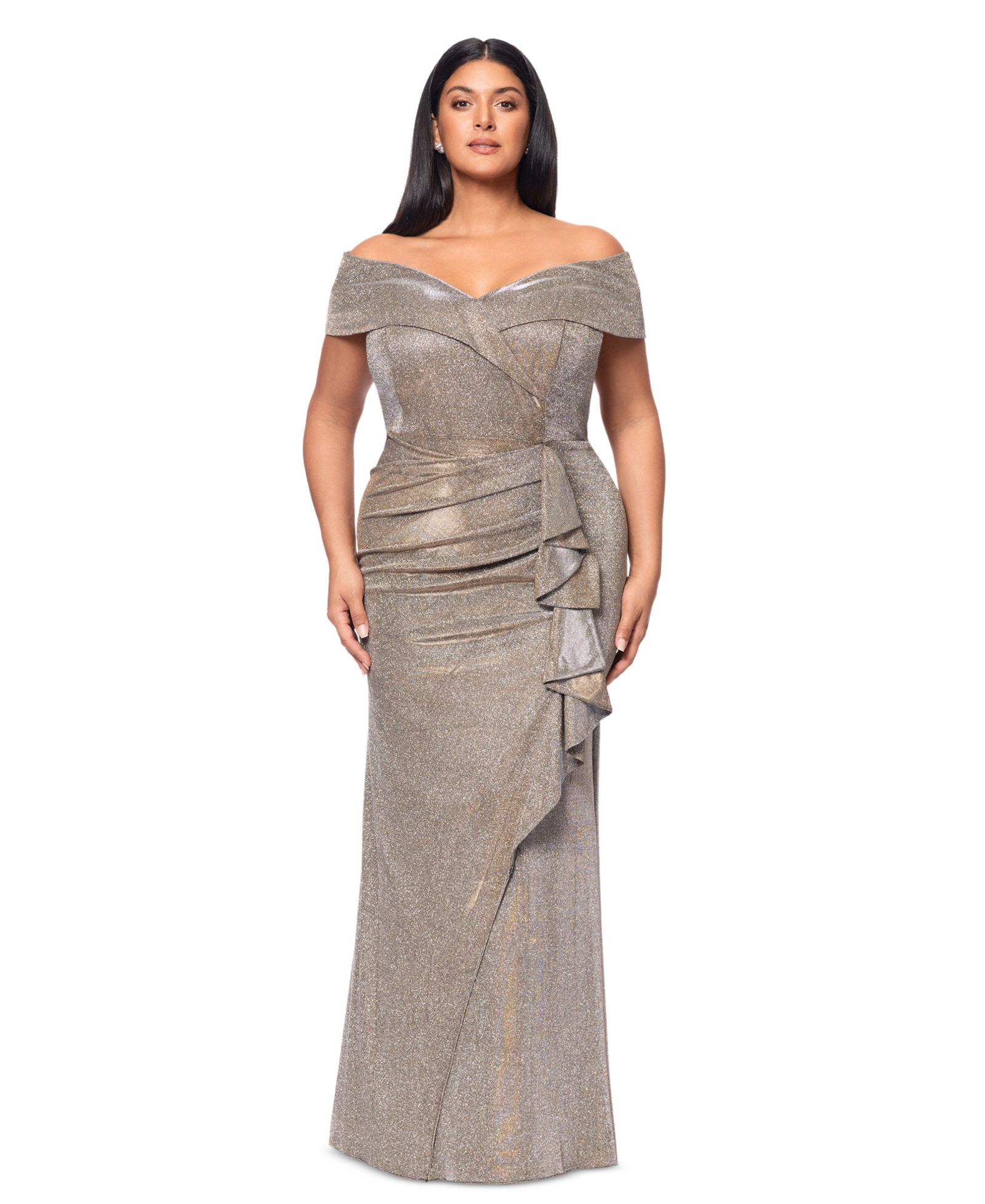 XSCAPE Plus Size Off-The-Shoulder Ruffled Glitter Gown