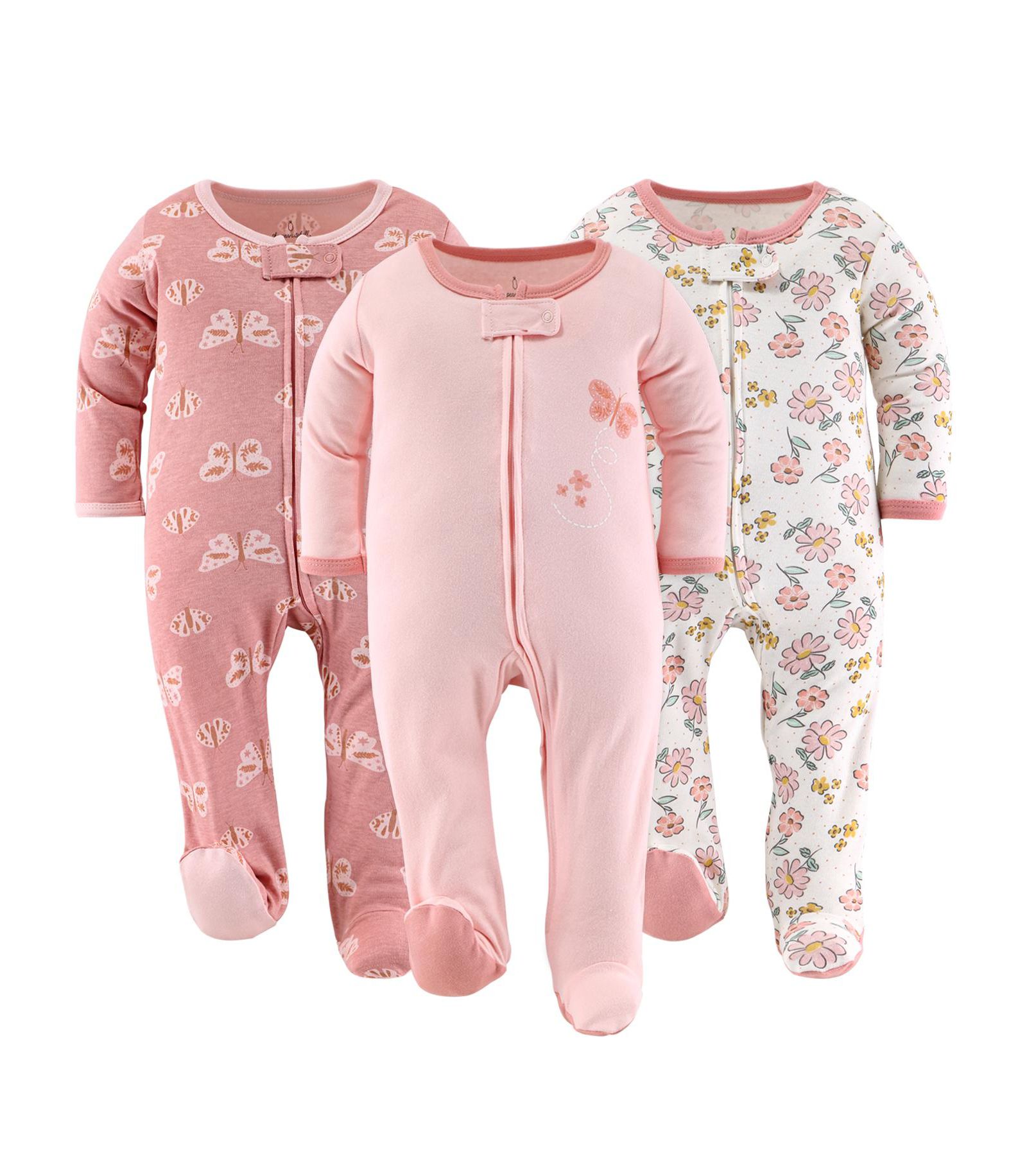 The Peanutshell Baby Girls Boho Butterfly Footed Sleepers for Girls, 3 Pack