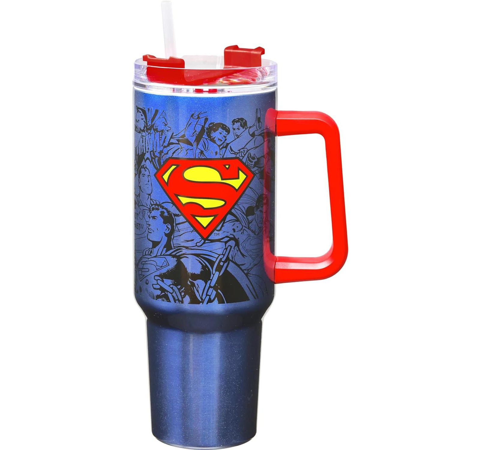 Термокружка Spoontiques Superman Stainless Steel с соломинкой и ручкой, 40 oz