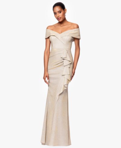 Женское вечернее платье XSCAPE Metallic Off-The-Shoulder Ruffled Gown