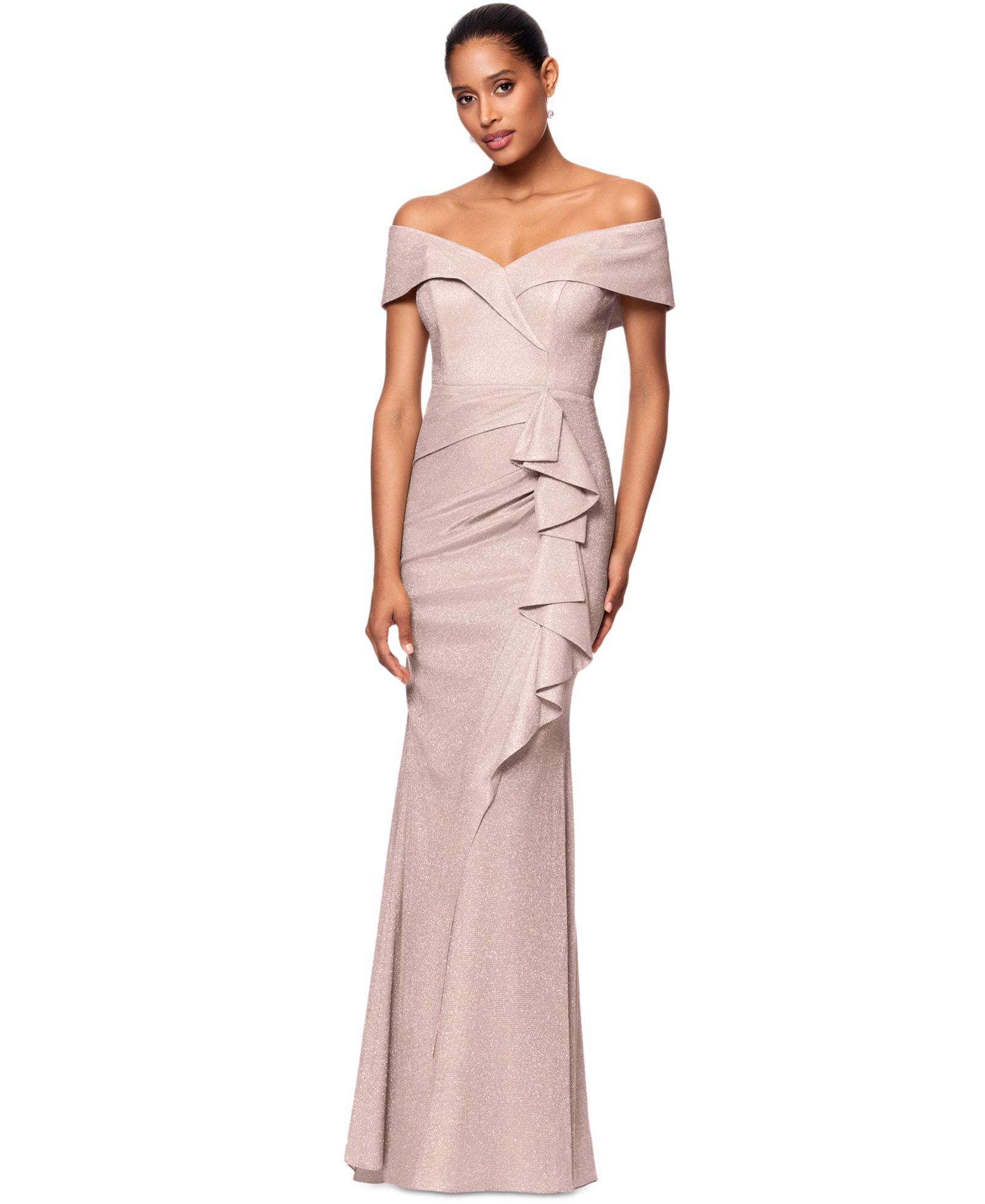 XSCAPE Women's Metallic Off-The-Shoulder Ruffled Gown