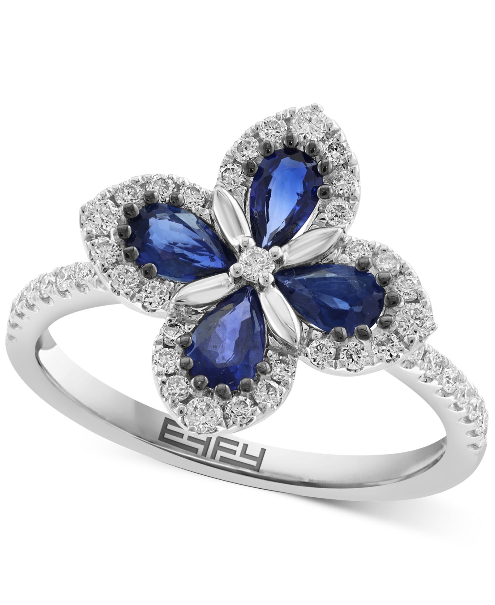 Кольцо EFFY® Blue Sapphire (3/4 ct. t.w.) & Diamond (1/3 ct. t.w.) Flower Statement в 14k White Gold
