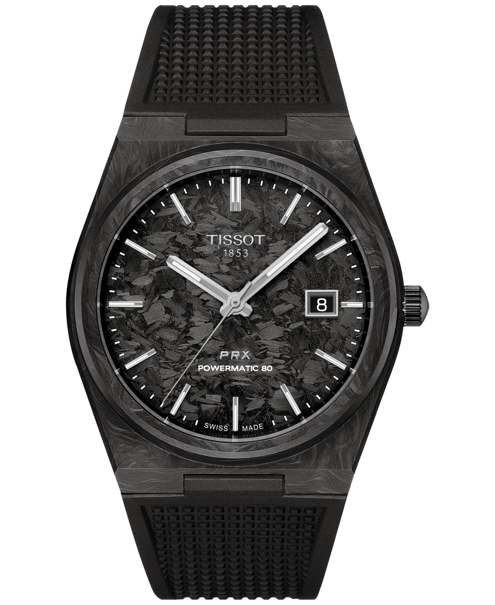 Мужские часы Tissot Swiss Automatic PRX Powermatic 80 Black Rubber Strap 40mm