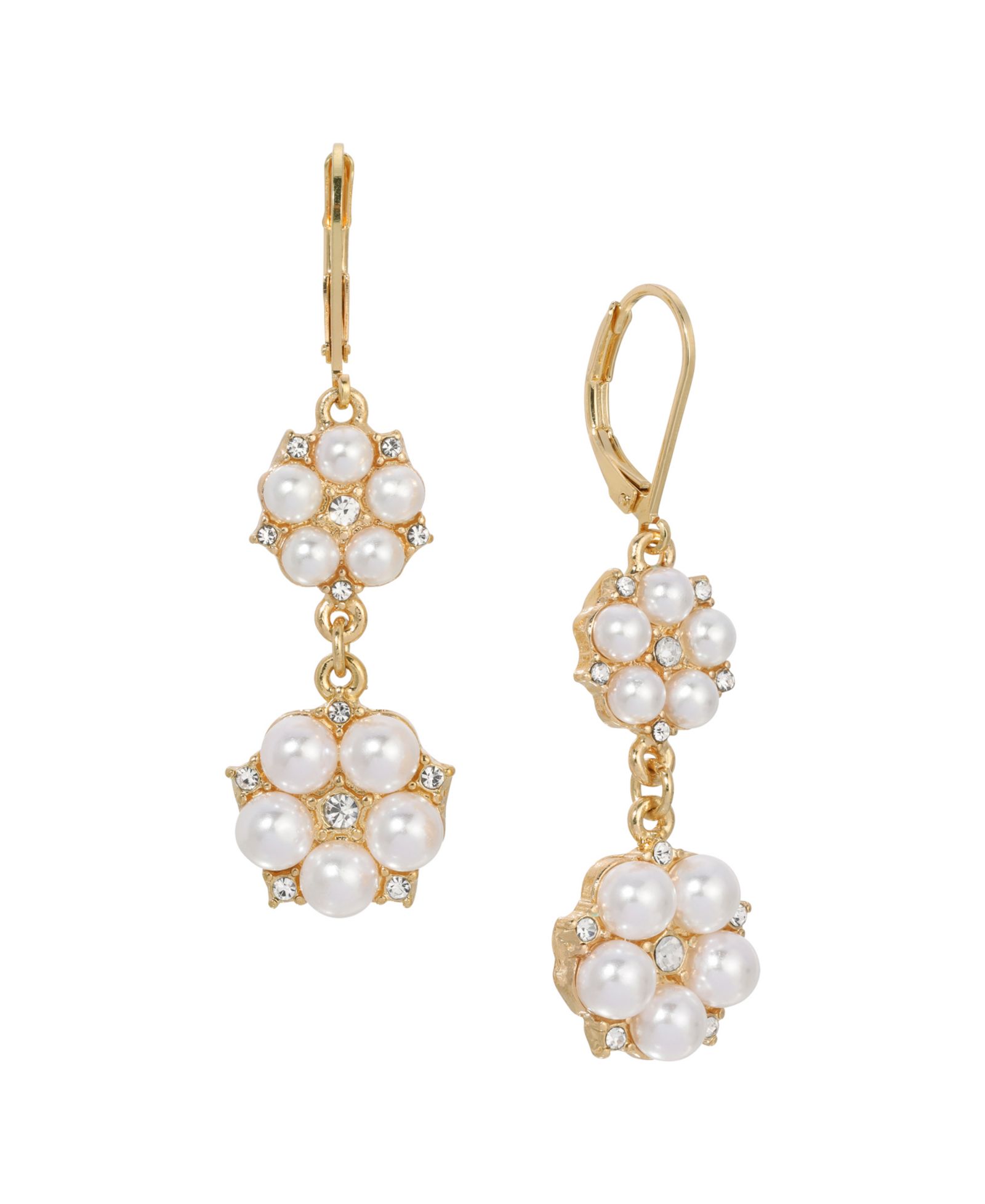 2028 Faux Cultivated Pearl Crystal Accent Double Flower Drop Earrings