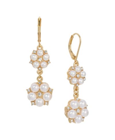 2028 Faux Cultivated Pearl Crystal Accent Double Flower Drop Earrings