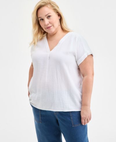 Style & Co Plus Size Cotton Gauze V-Neck Short-Sleeve Top, Exclusively at Macy's