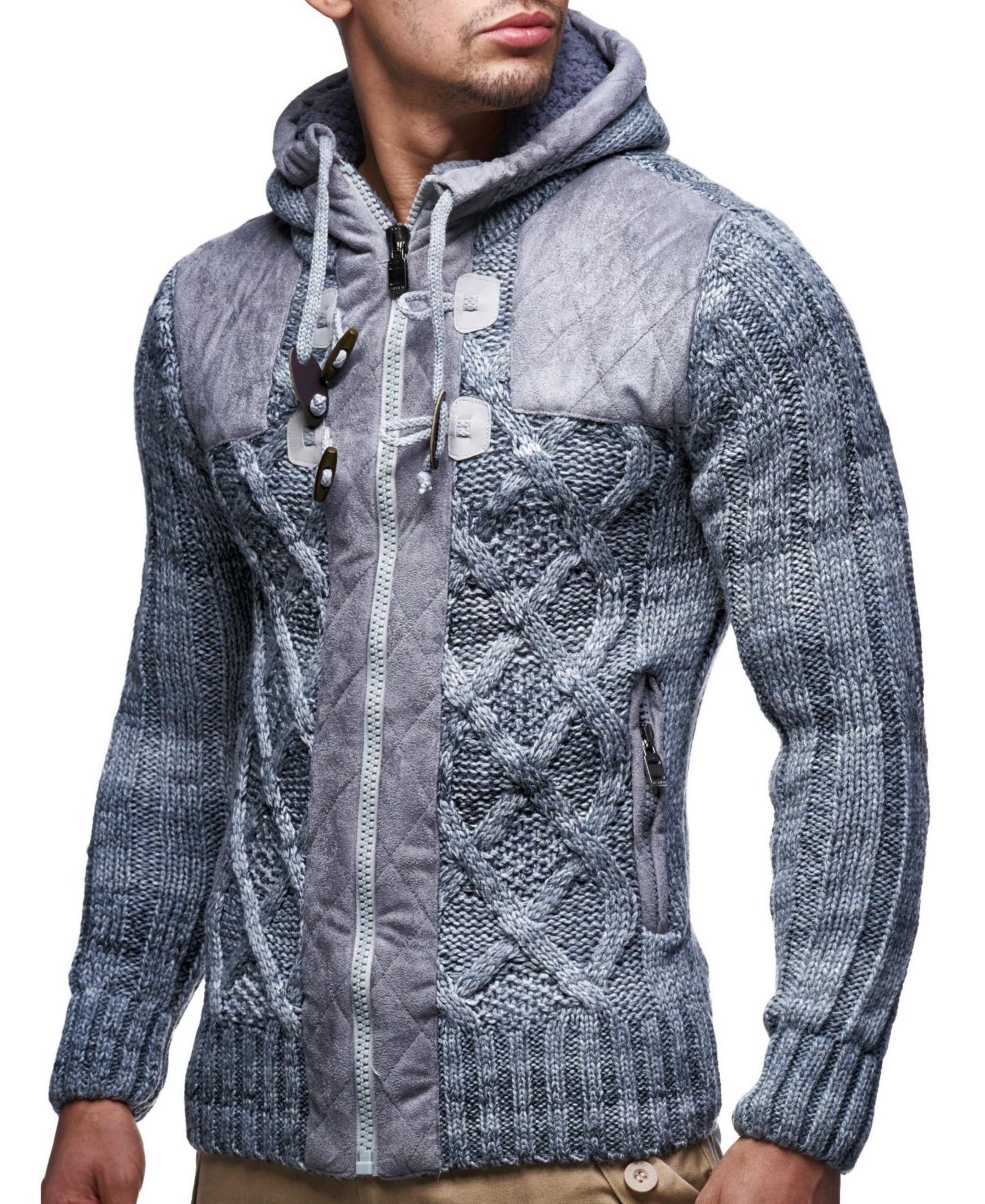 Мужская куртка Leif Nelson Knit Zip-up Jacket с геометрическим принтом и кожаными вставками