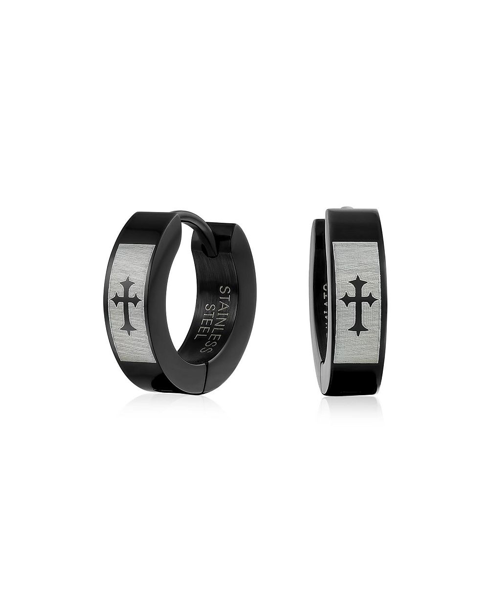 Серьги-кольца Bling Jewelry с лазерной гравировкой Fleur de Lis и крестом, из нержавеющей стали серебристого цвета