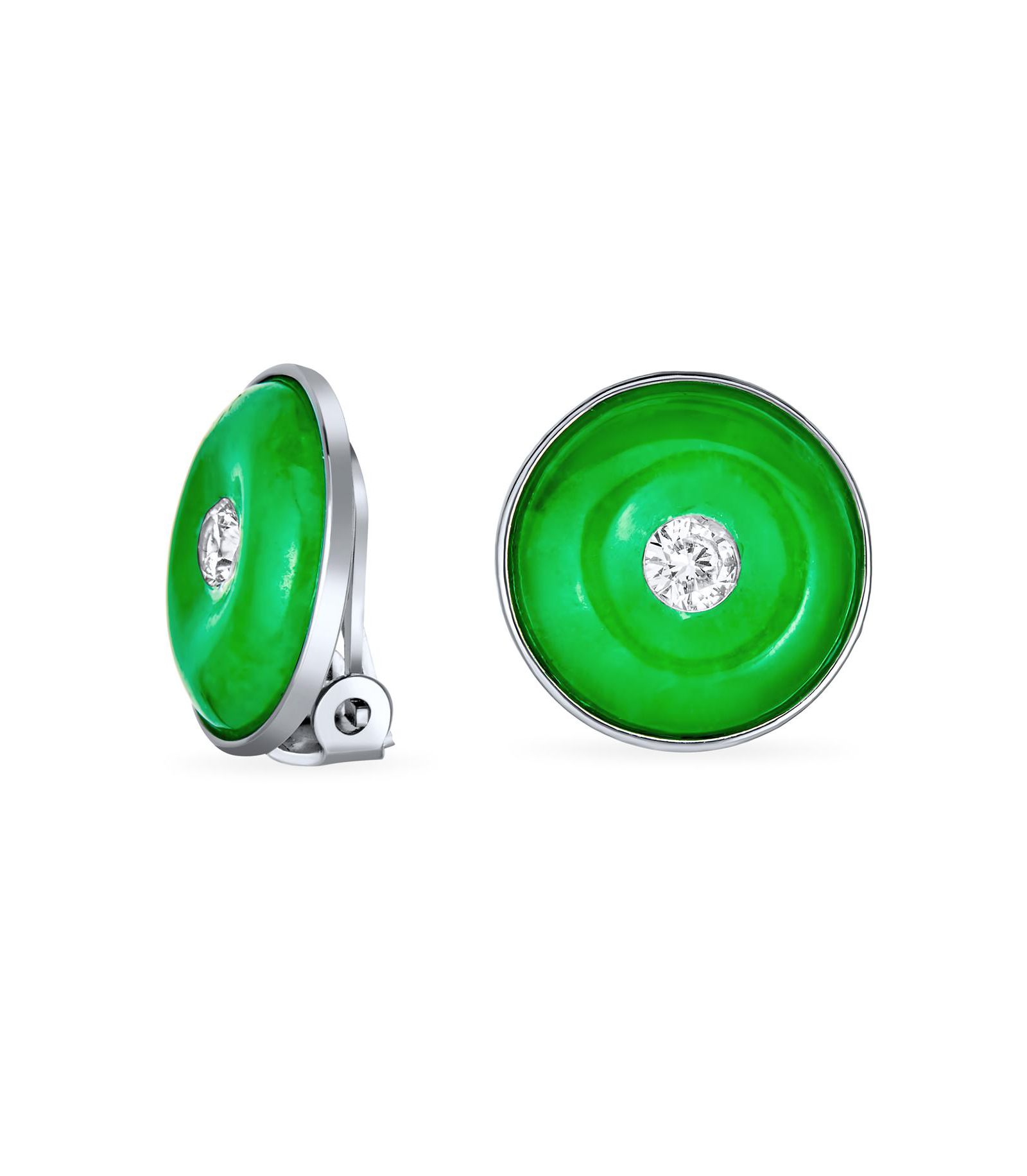 Bling Jewelry Elegant Round Disc Green Jade Clip-On Earrings CZ Accent Sterling Silver