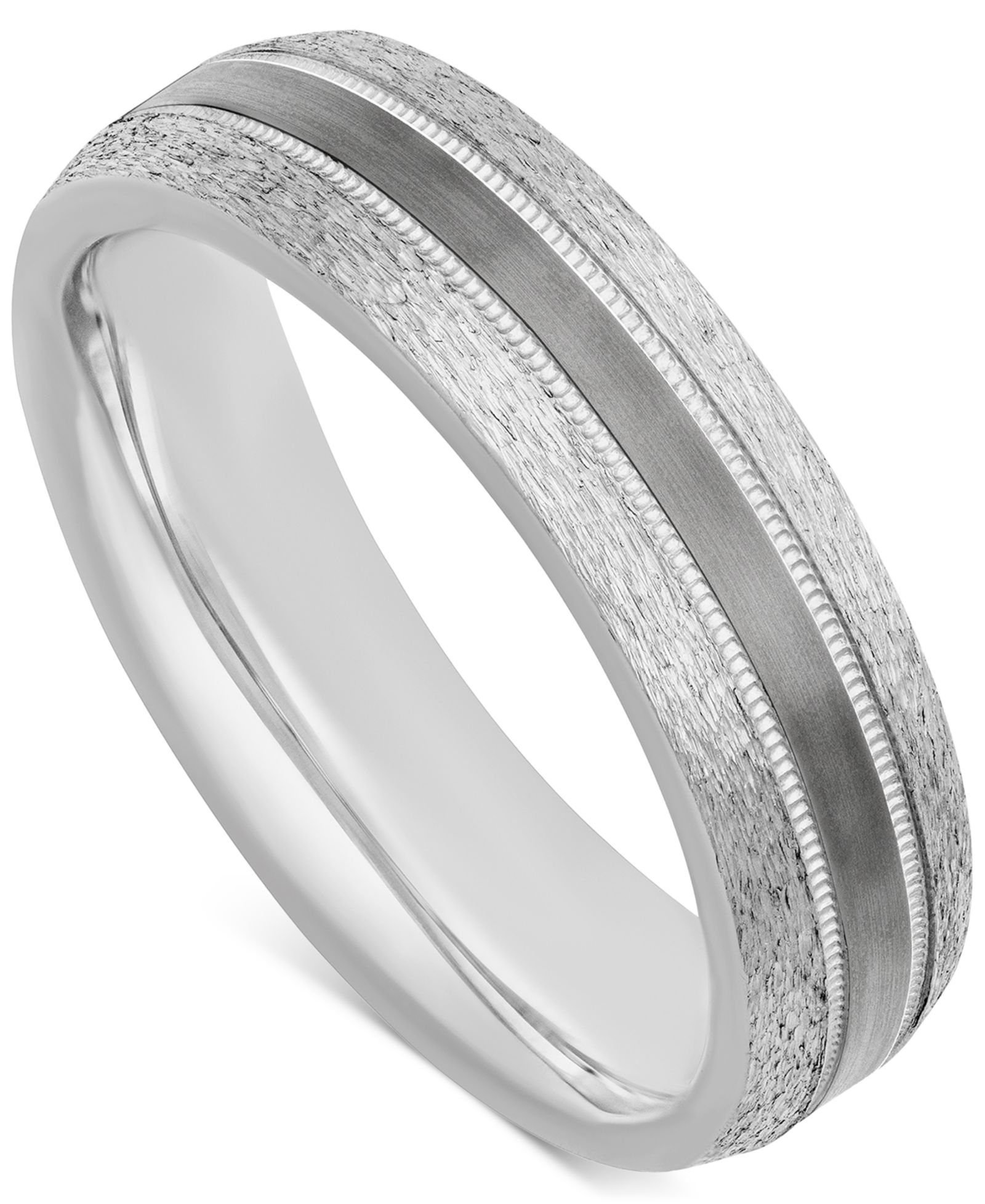 Men's Bark & Brushed Finish Wedding Band in Sterling Silver & Black Rhodium-Plate