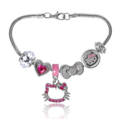 Hello Kitty Sanrio 7'' Fashion Charm Bead Bracelet with Pink Enamel and Crystal Beads