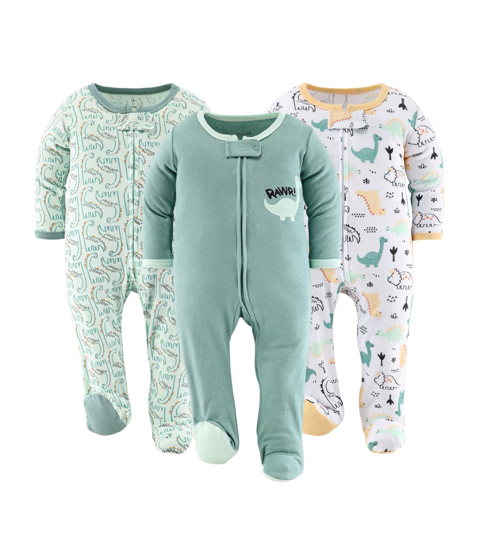 The Peanutshell Baby Boys Green Dino Footed Sleepers for Boys, 3 Pack