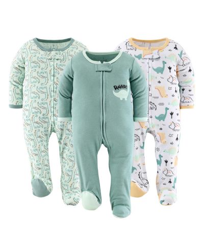 Детские комбинезоны The Peanutshell Baby Boys Green Dino Footed Sleepers, 3 Pack