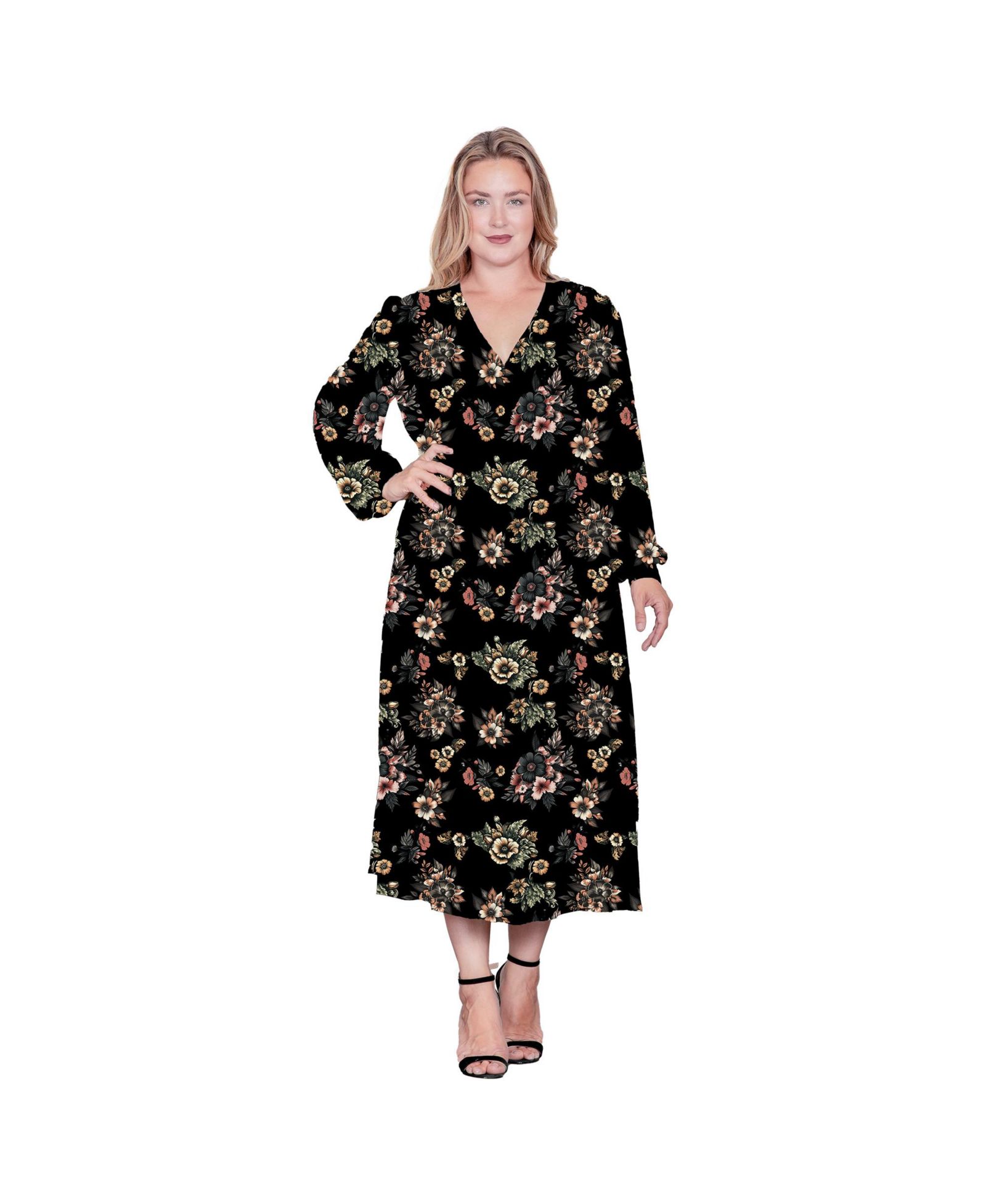 Standards & Practices Plus Size Floral-Print Long Sleeve Maxi Wrap Dress