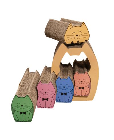 The Licker Store Kazoku 15.63" Modern Cardboard 5-in-1 Family Cat Cave Scratcher with Catnip and Pull-Out Design, Multi-Colored