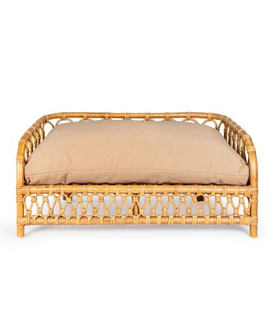 Elevated 27.5" x 17" Bohemian Handwoven Rattan Pet Daybed with Machine-Washable Cushion, Natural