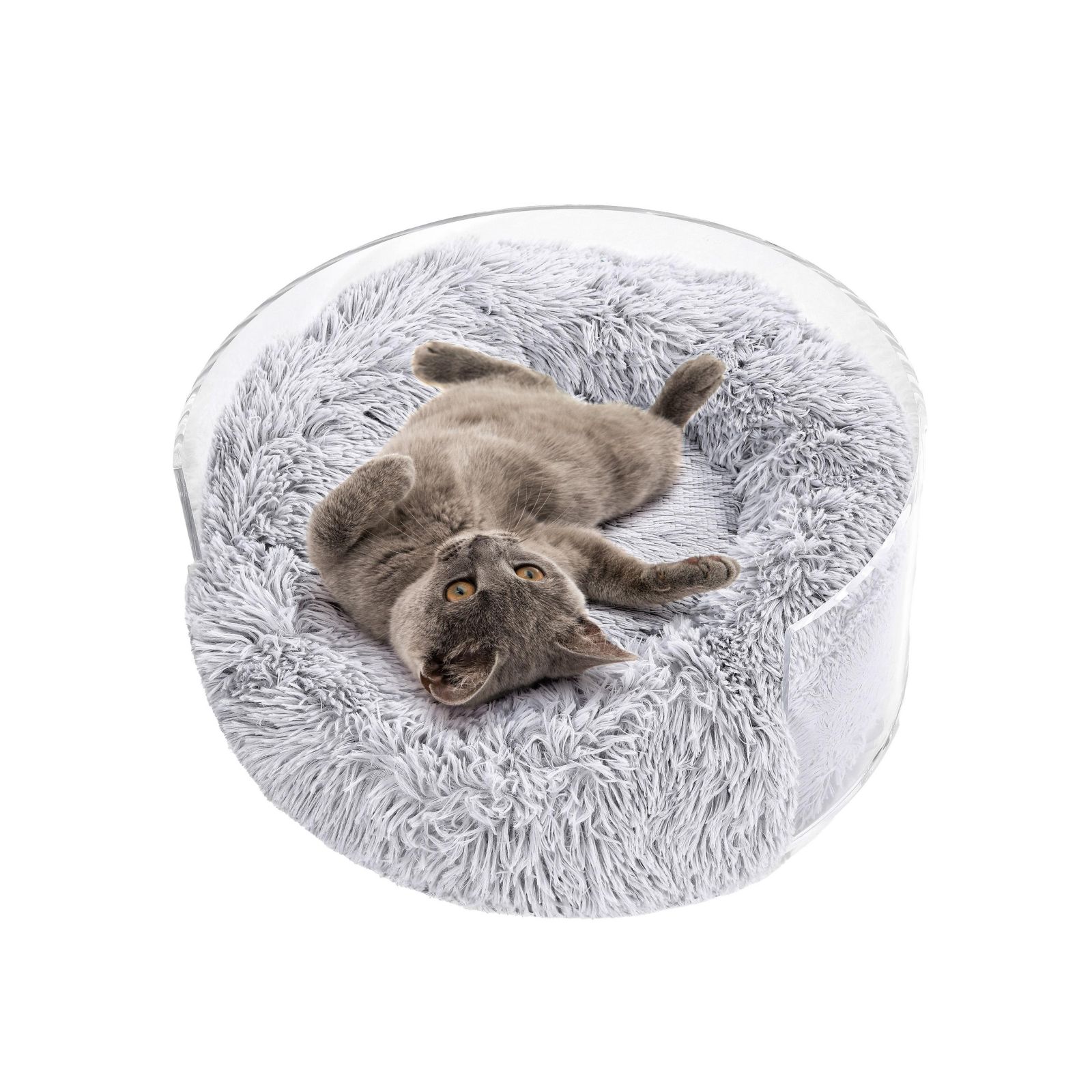 Bette 20.75" x 20.75" Small/Medium Modern Acrylic Calming Fluffy Donut Pet Bed with Washable Cover, Light Gray/Clear