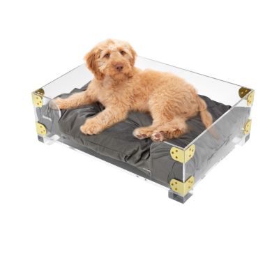Haines 21.5" x 15.25" Small/Medium Modern Acrylic Velvet Pet Bed with Washable Cushion, Dark Gray/Clear