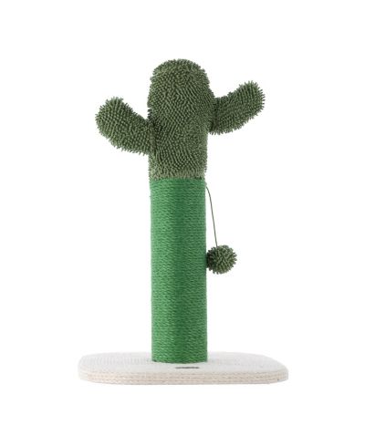 The Licker Store Pecos 21" Modern Jute Cactus Cat Scratching Post with Fuzzy Toy, Green/White