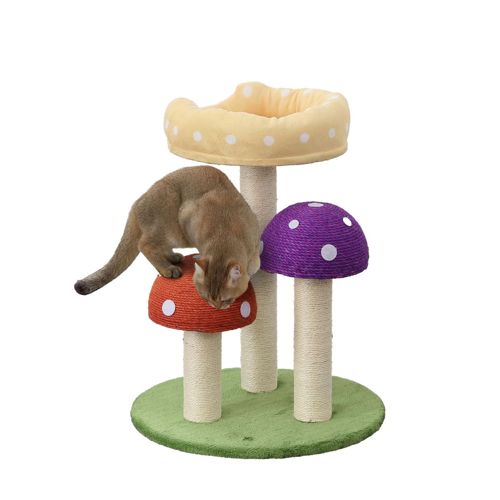 The Licker Store Pixie 22.5" 3-Tier Cottage Sisal Mushroom Cat Tree with Scratching Posts, Napping Perch, and Dangling Bell Toy, Multi