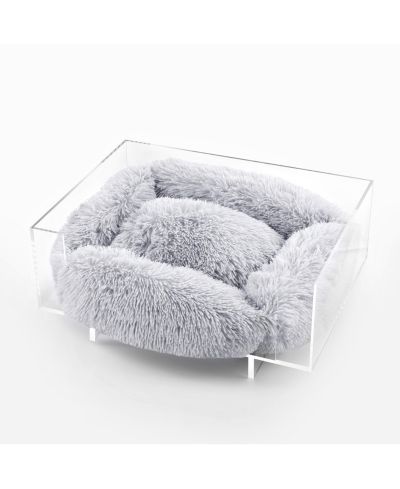 Carole 24" x 18" Small/Medium Modern Acrylic Calming Fluffy Pet Bed with Washable Cushion, Light Gray/Clear