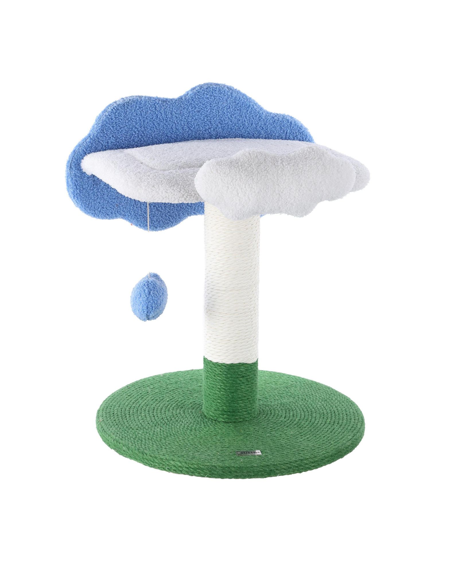 The Licker Store Sami 21.5" Modern Jute Cloud Cat Tree with Scratching Post, and Fuzzy Toy, White/Blue/Green