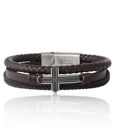 Lucky Brand Textured Cross Triple Row Brown Bracelet for Men 8.5", Antique Silver Flash-Plated, Cross Jewelry