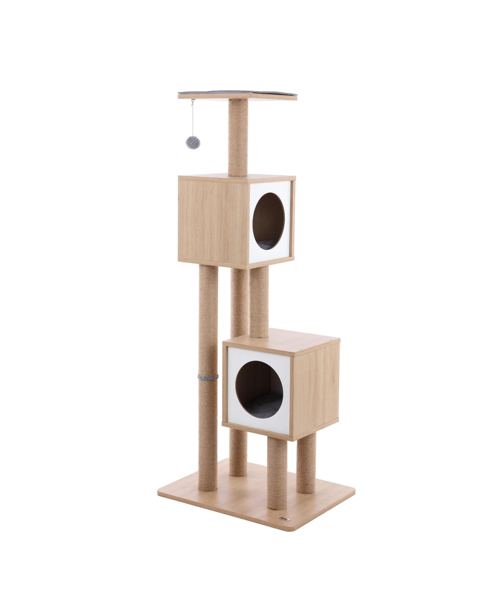 The Licker Store Sawyer 56" 3-Tier Minimalist Jute Cat Tree Condo with Scratching posts, and Fuzzy Toy, Brown/White