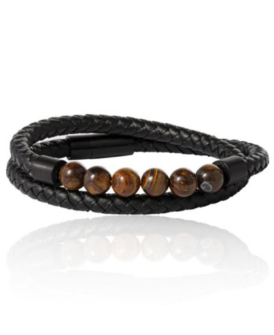 Lucky Brand Braided Cord Men's Bracelet with Tiger's Eye Beads, Stainless Steel Bracelet, Male Jewelry