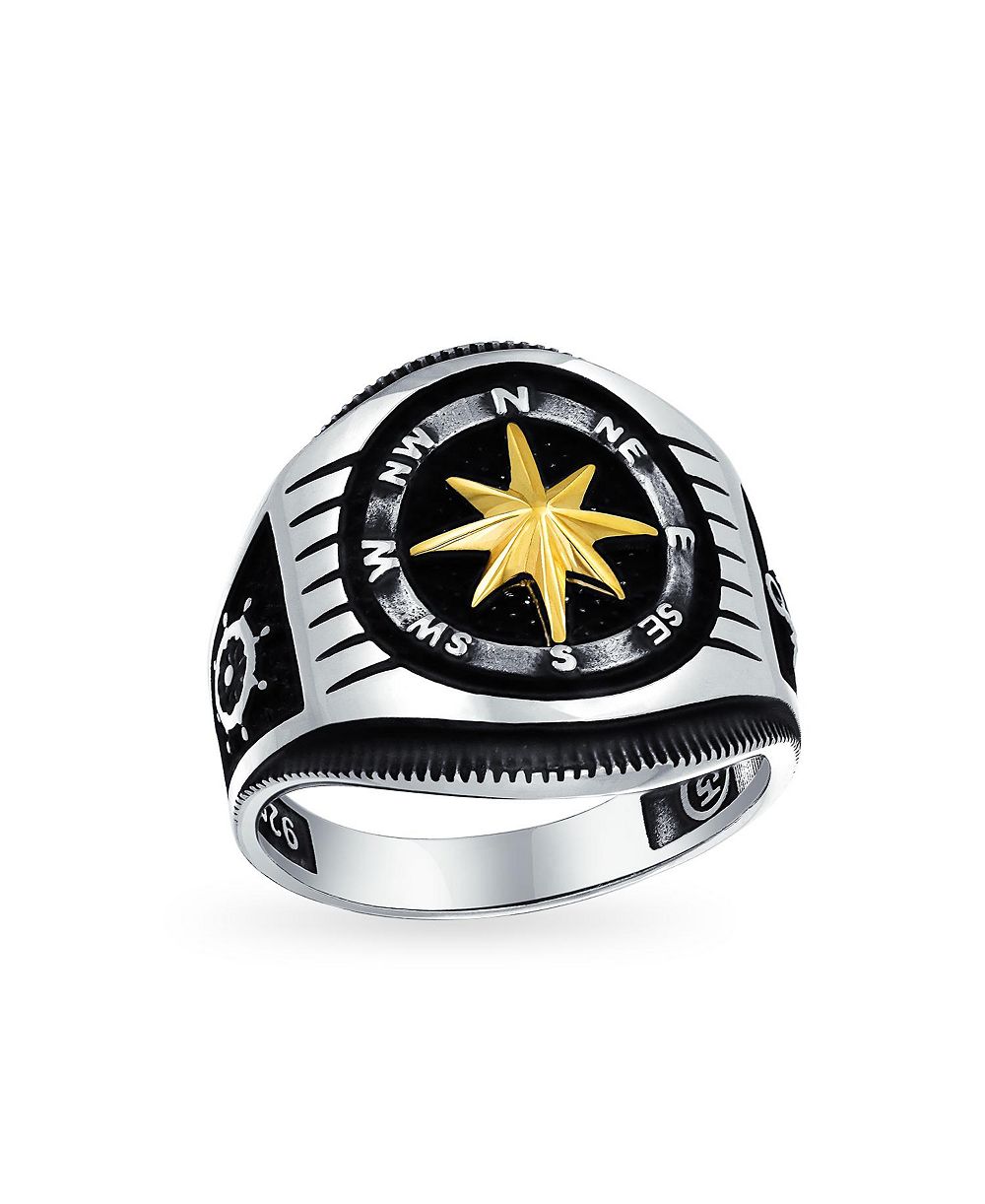 Bling Jewelry Men's 2-Tone Nautical Compass Signet Black Gold Oxidized Sterling Silver