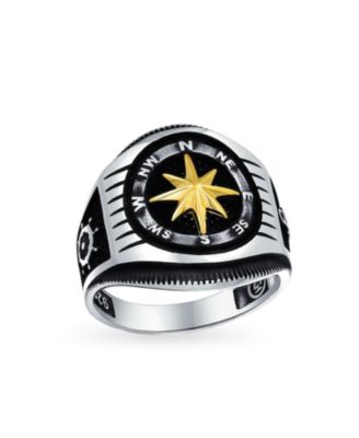 Bling Jewelry Men's 2-Tone Nautical Compass Signet Black Gold Oxidized Sterling Silver