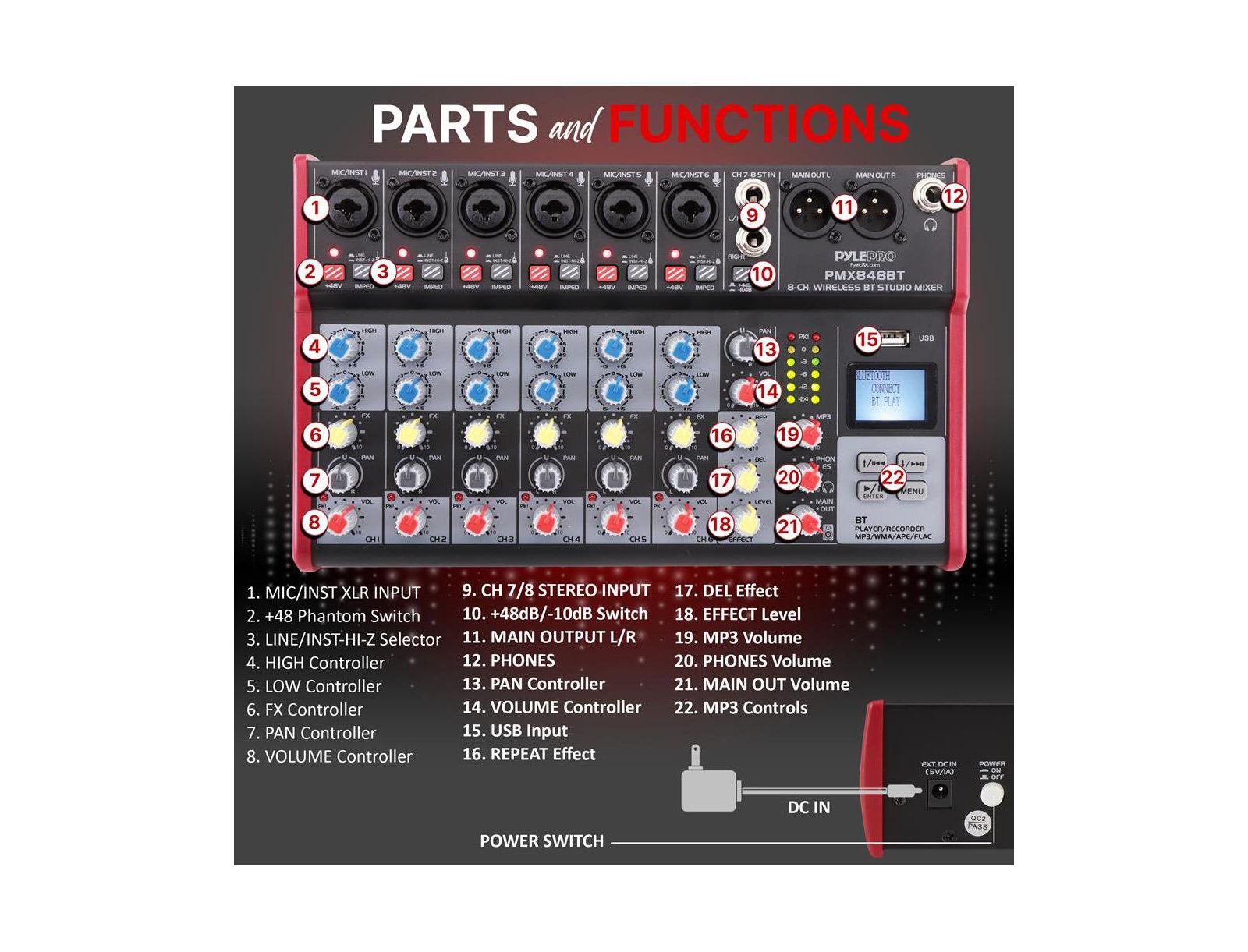 Pyle PMX848BT 8-Channel Bluetooth Studio DJ Mixer