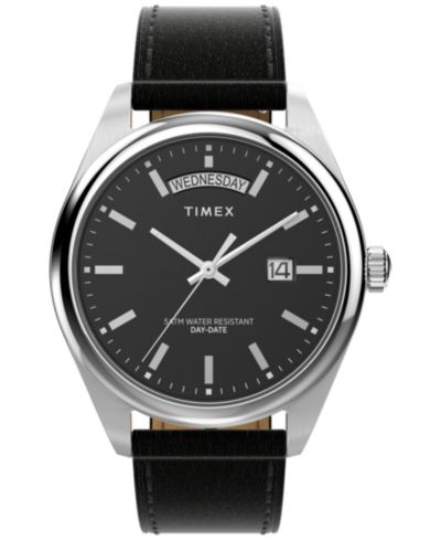Timex Men's Analog Black Leather Strap Watch, 41mm
