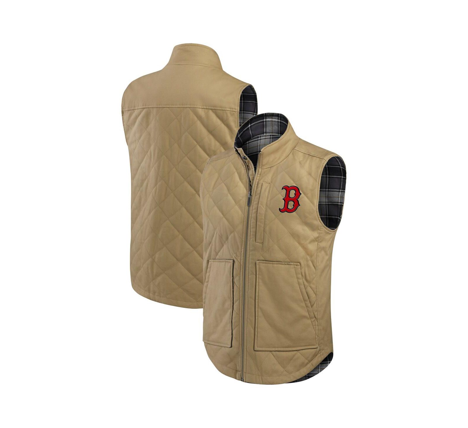 Darius Rucker Collection by Fanatics Men's Tan/Charcoal Boston Red Sox Reversible Canvas Plaid Patch Full-Zip Vest
