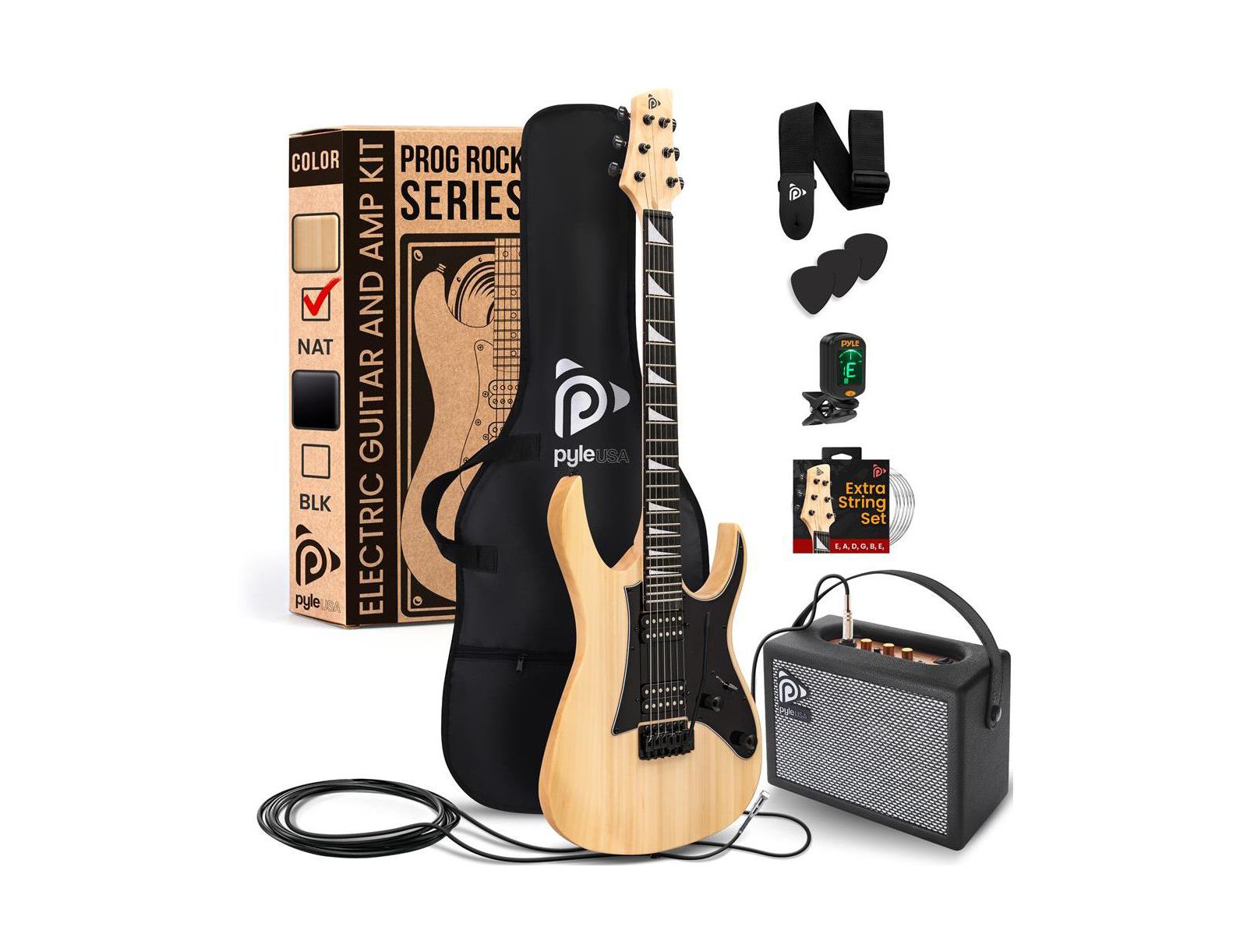 Pyle 38.7" Full Size Electric Guitar Kit - Includes Amplifier, Travel Bag, and Accessories, Natural Finish (PEGKT781N)