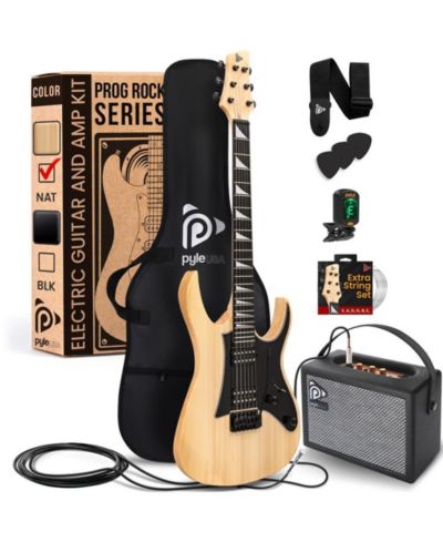 Pyle 38.7" Full Size Electric Guitar Kit - Includes Amplifier, Travel Bag, and Accessories, Natural Finish (PEGKT781N)