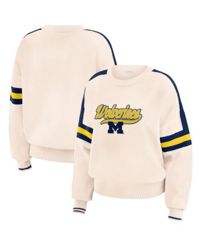 WEAR by Erin Andrews Women's Cream Michigan Wolverines Chenille Woven Patch Stripe Pullover Sweatshirt