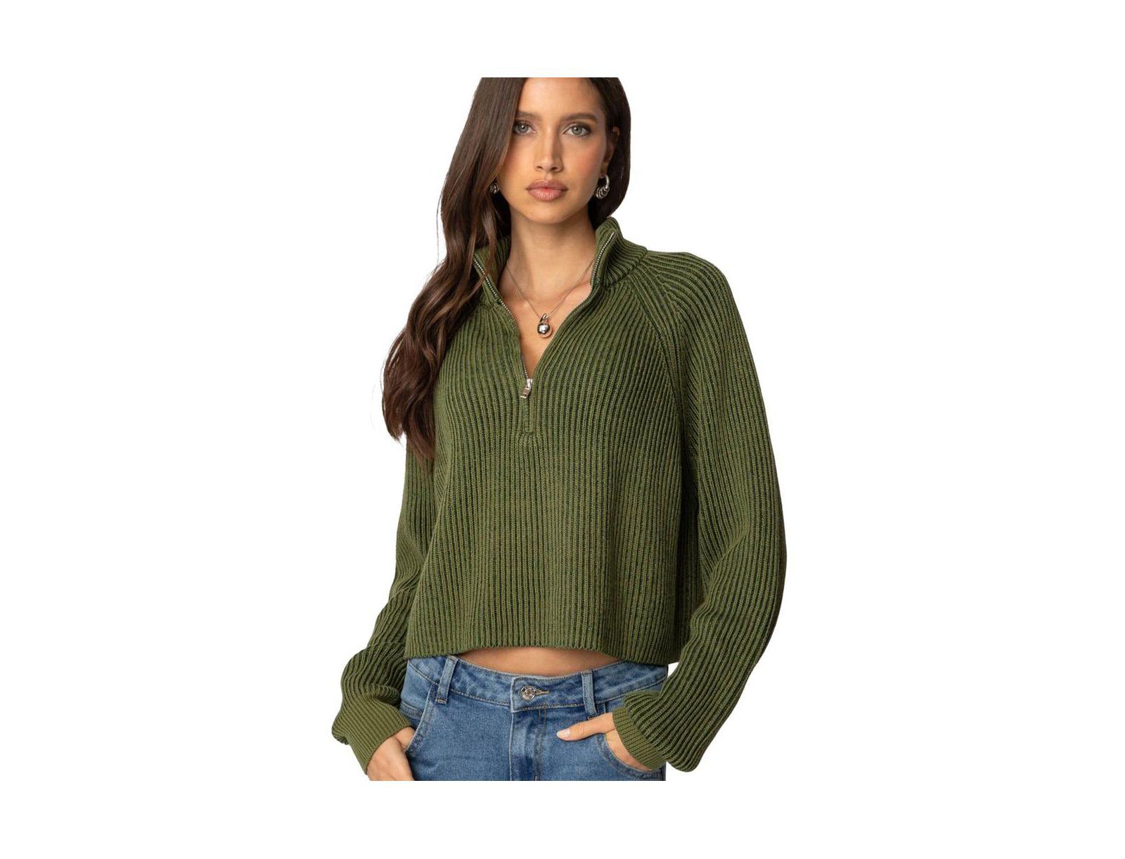 Edikted Women's Cropped Rib Knit Half Zip Sweater