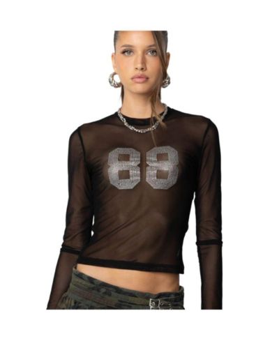 Edikted Women's 88 Rhinestone Sheer Mesh Top