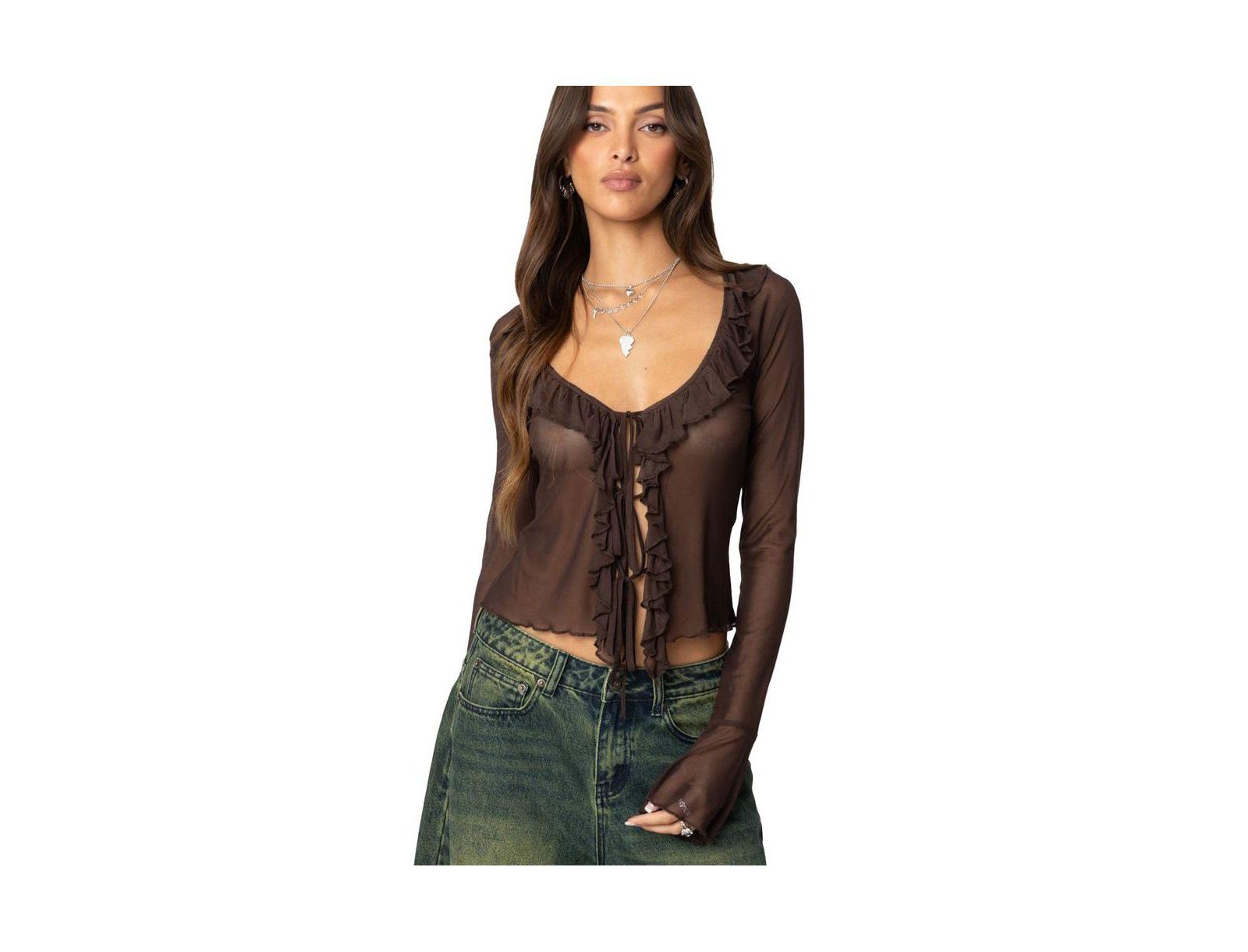 Edikted Women's Sheer Mesh Ruffled Top