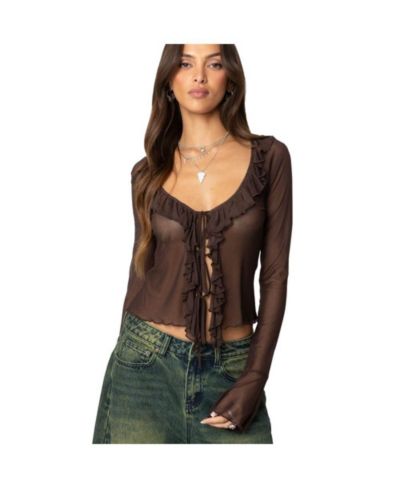 Edikted Women's Sheer Mesh Ruffled Top