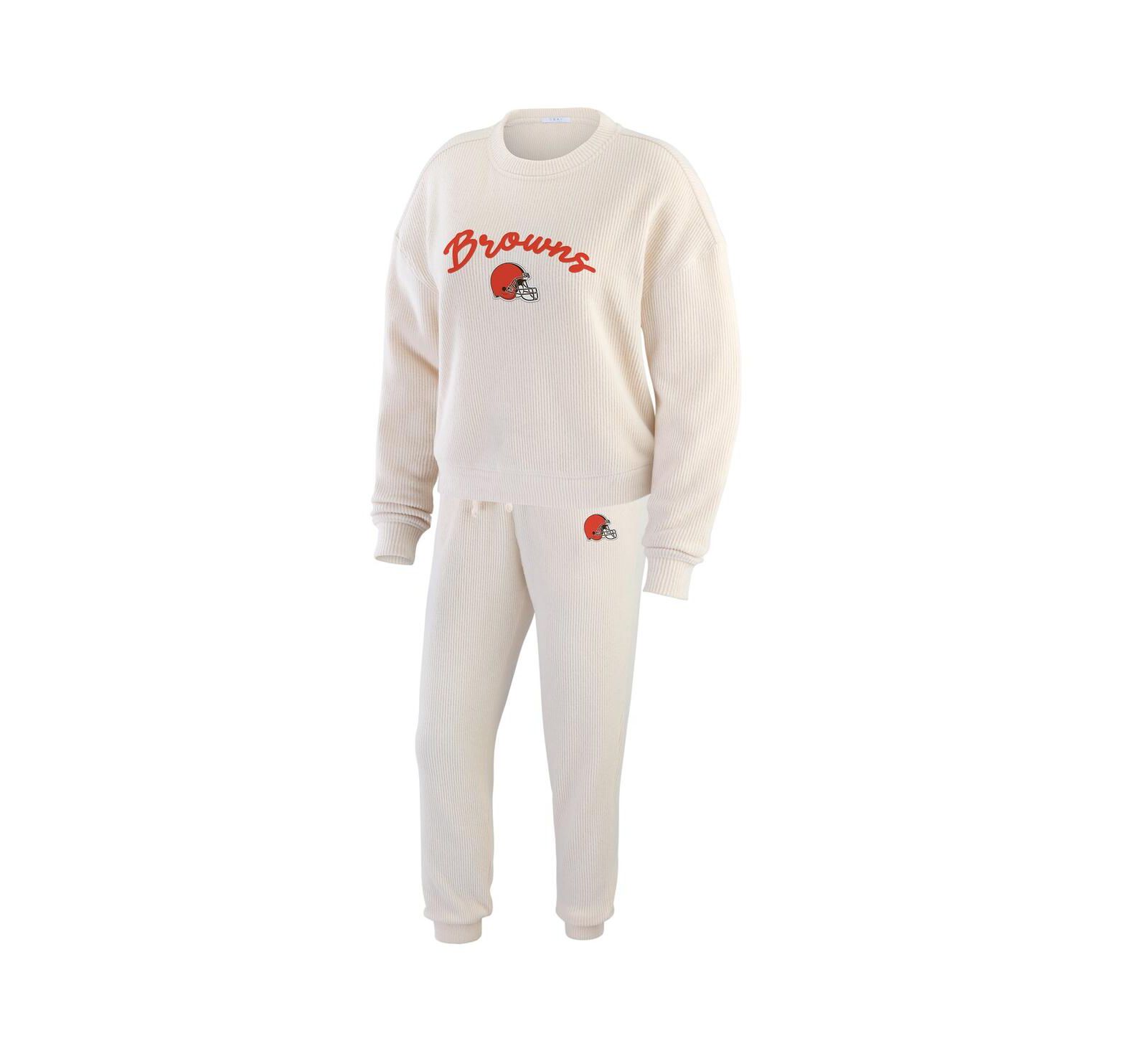 WEAR by Erin Andrews Women's Cream Cleveland Browns Knitted Tri-blend Long Sleeve T-shirt Pants Lounge Set
