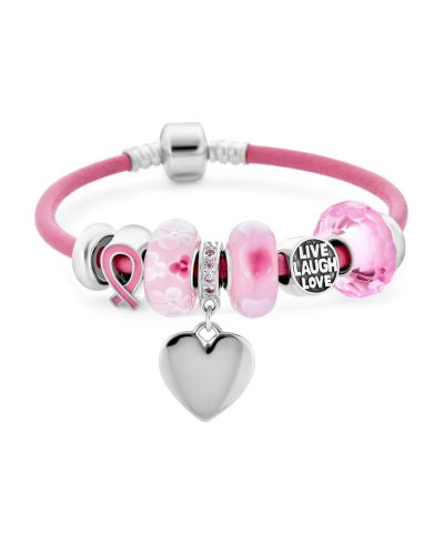 Bling Jewelry Breast Cancer Pink Ribbon Heart Charm Live Laugh Love Bead Charm Leather Bracelet Sterling Silver