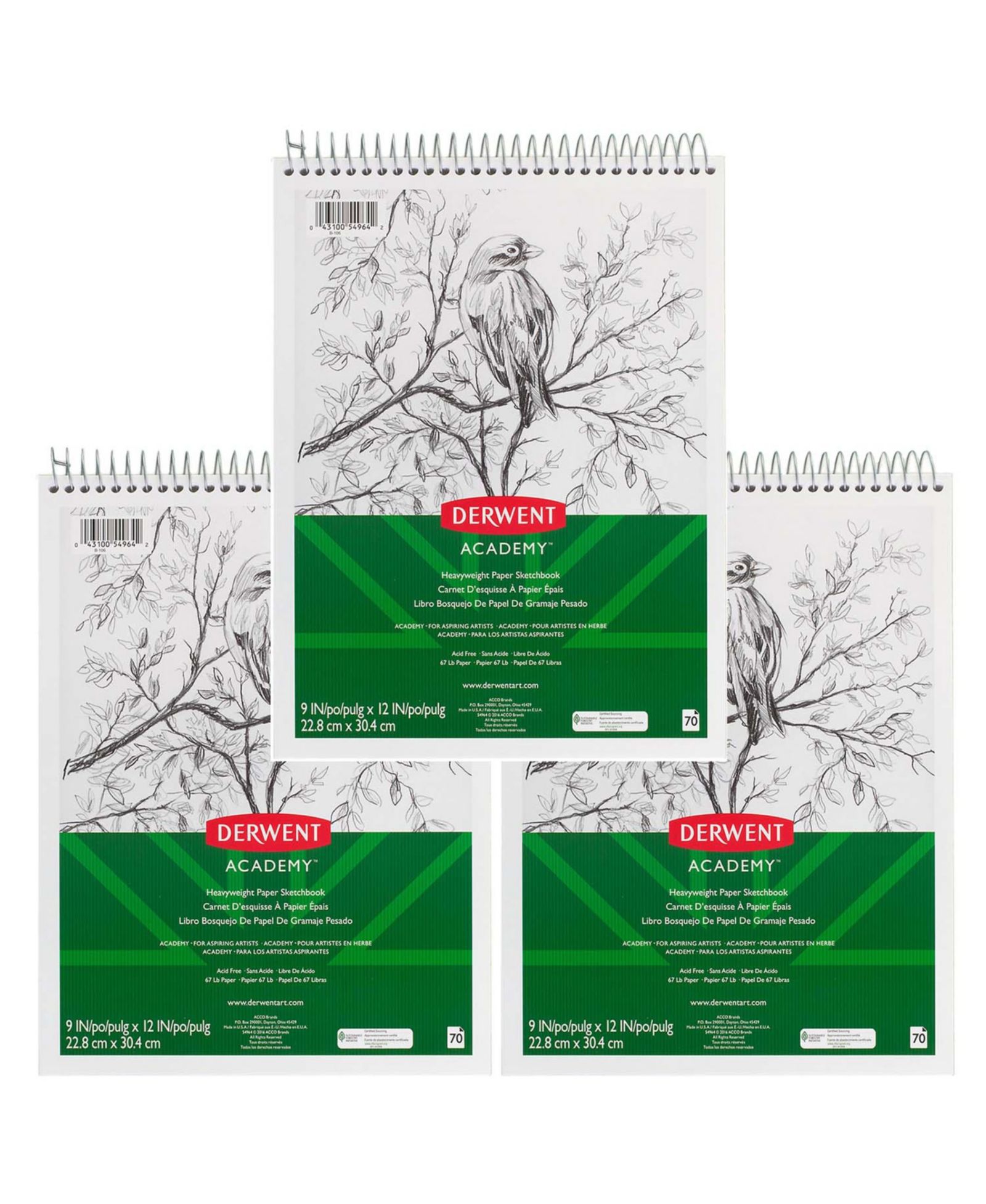 Mead Derwent Academy скетчбук Wirebound 70 листов Pack of 3