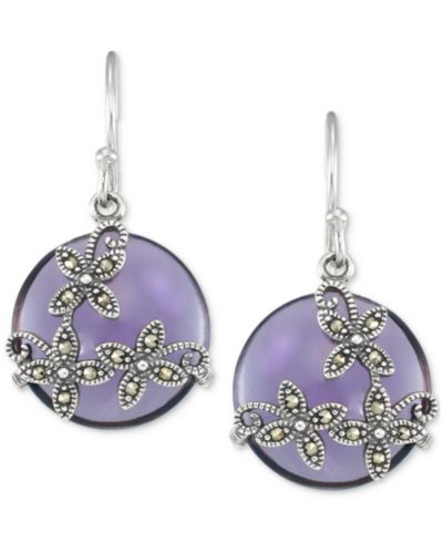 Серьги-подвески Marcasite & Purple Glass Stone Drop Sterling Silver