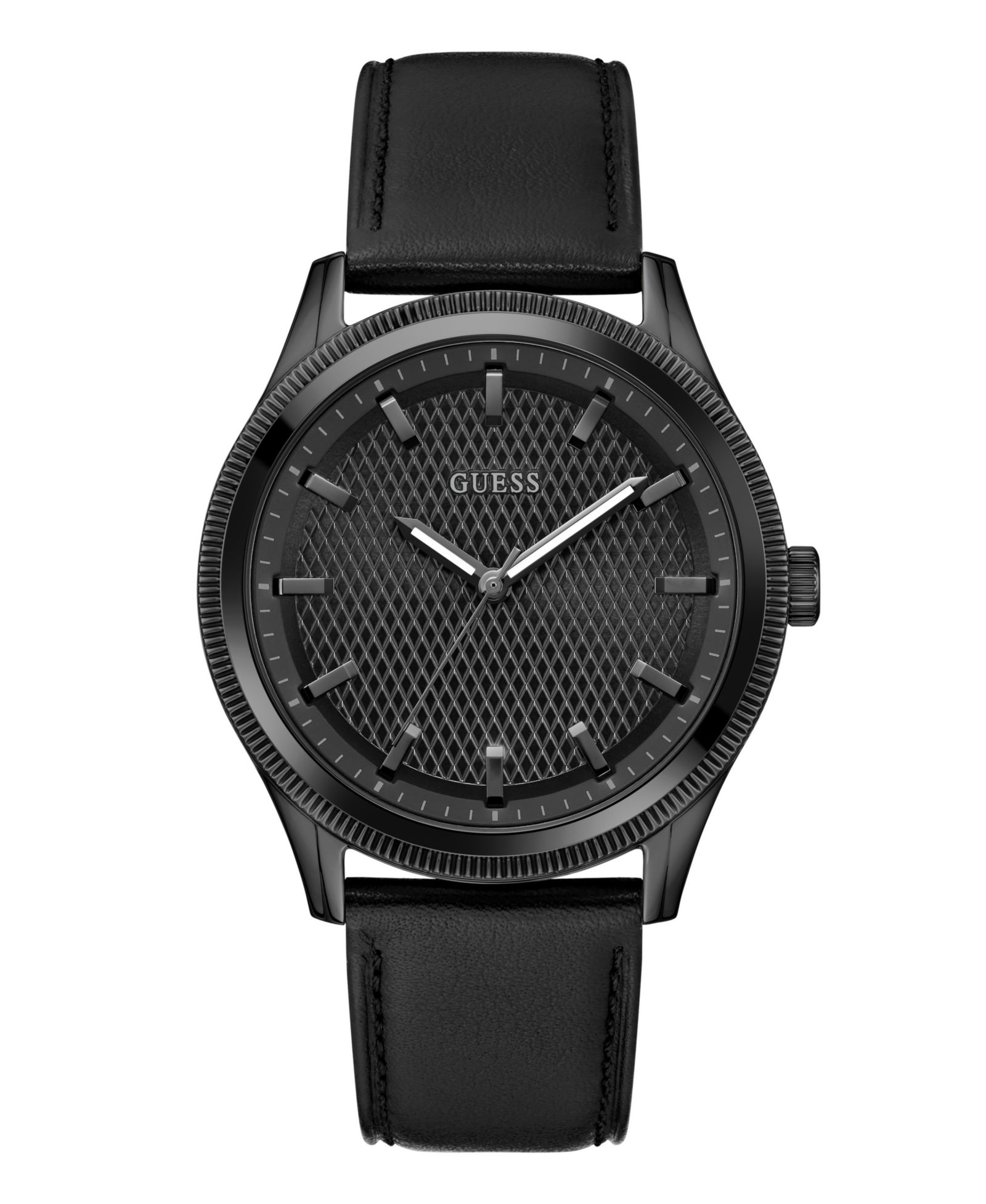 GUESS Men's Analog Black Genuine Leather Watch, 44mm